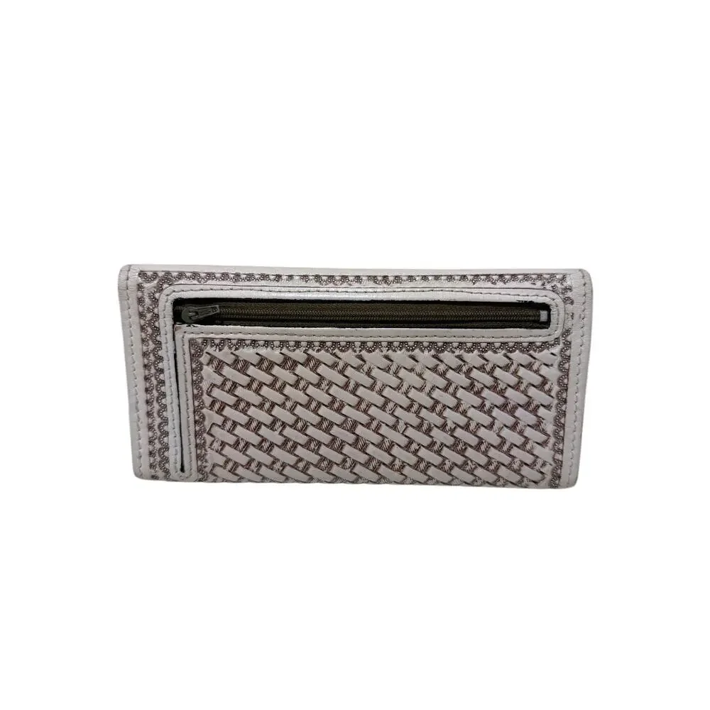 Adam Alexis Tooled Leather Tri-Fold Wallet Floral Western Ivory Artisan Snap